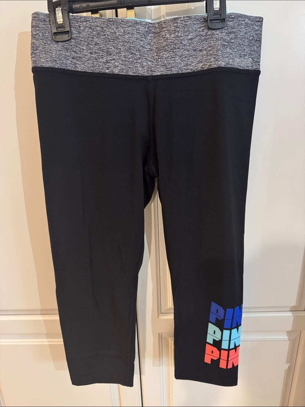 PINK Victoria's Secret Girls' Black Capri Leggings with Gray Waistband